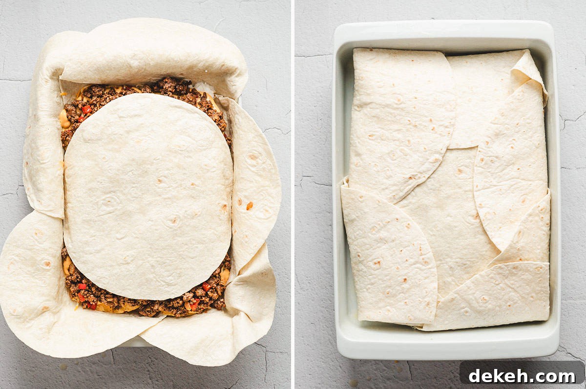 Side-by-side images: one large flour tortilla placed in the center of the beef layer, then folded tortillas covering the top of the casserole.