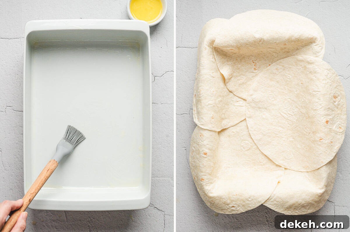 Side-by-side images: casserole dish being brushed with melted butter, and flour tortillas arranged to cover the bottom and sides.