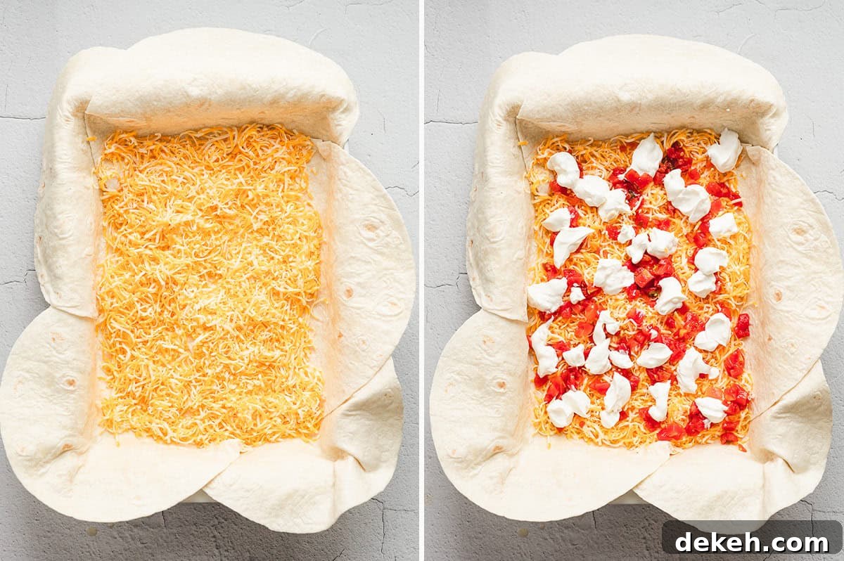 Side-by-side images: shredded Mexican blend cheese spread over tortillas, then topped with dollops of sour cream and drained ROTEL tomatoes.