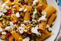Zucchini, Tomato & Feta Pasta with Crunchy Pistachios