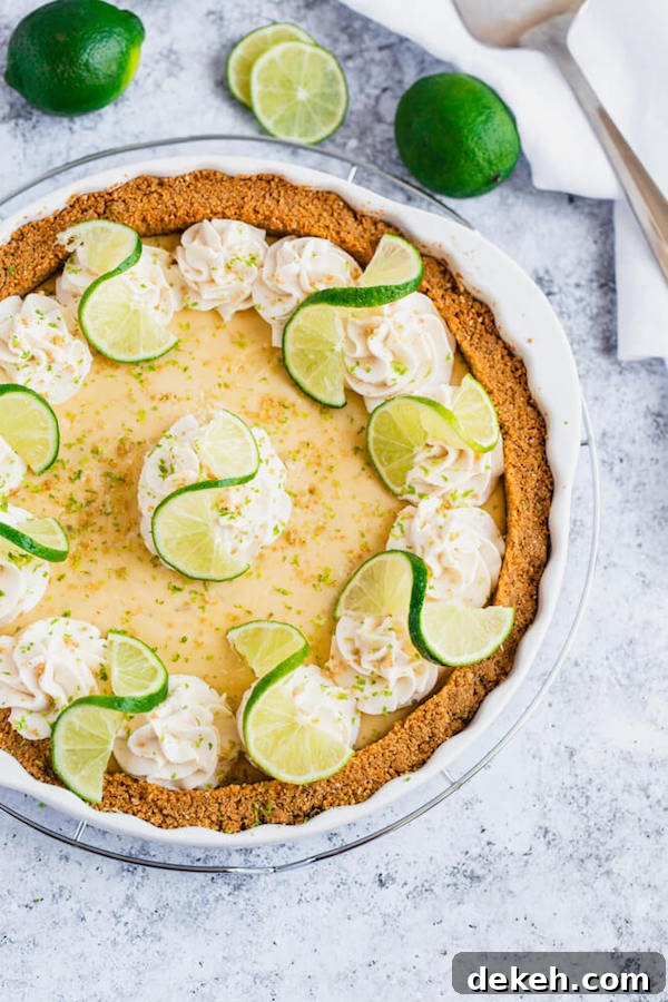 Simply Amazing Key Lime Pie Key lime pie slice with graham cracker crumbs and lime zest