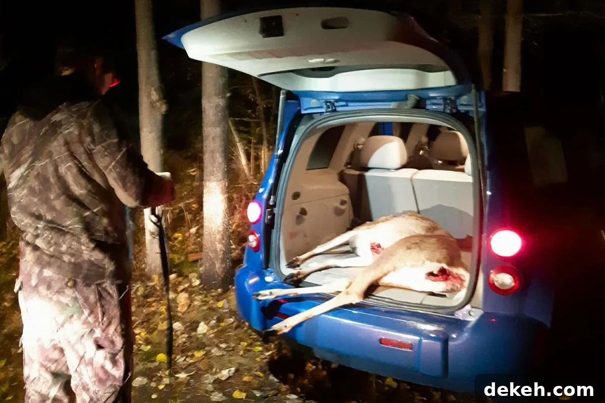 Is Hunting for Game Cheaper Than Buying Meat? 5 A blue hatchback car with a harvested deer in the back.