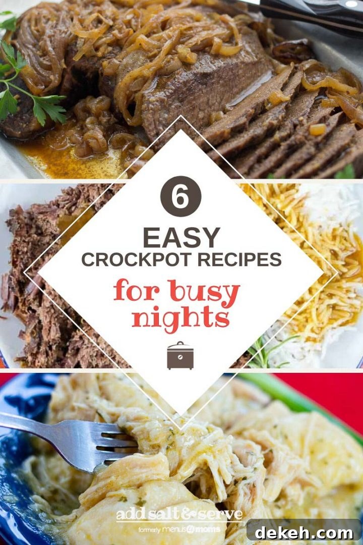 6-easy-delicious-crockpot-recipes-for-busy-nights-pin-min Composite image with photos of chicken & dumplings, london broil, roast beef and gravy, and albondigas (meatball) soup and text 6 easy and delicious crockpot recipes for busy nights