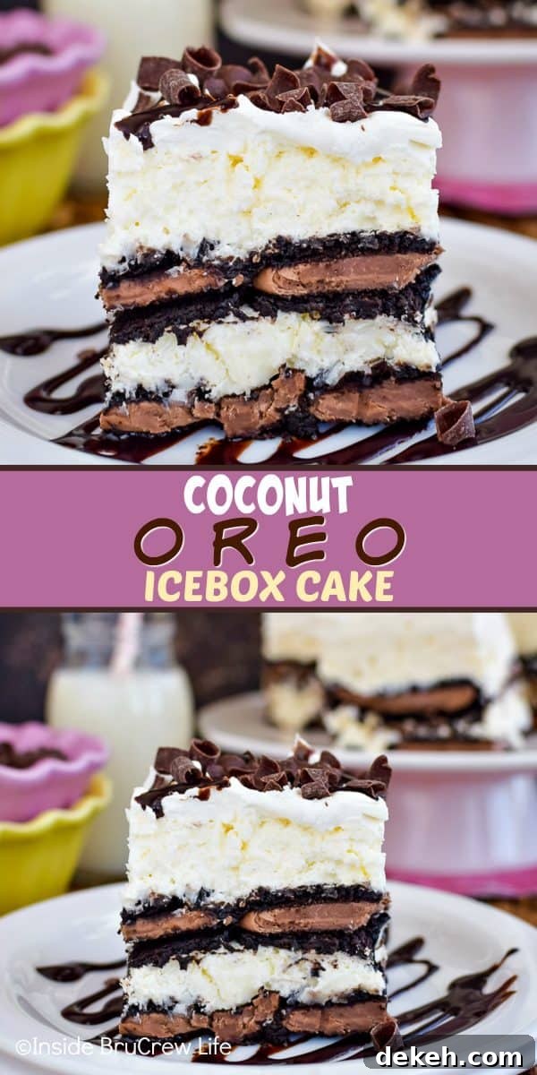 Coconut Oreo Icebox Cake - layers of chocolate Oreos and no bake coconut cheesecake gives this icebox cake a delicious and pretty flair! Try this easy recipe for summer picnics and parties! #iceboxcake #coconut #Oreo #nobake Coconut Oreo Icebox Cake - layers of chocolate Oreos and no bake coconut cheesecake gives this icebox cake a delicious and pretty flair! Try this easy recipe for summer picnics and parties! #iceboxcake #coconut #Oreo #nobake
