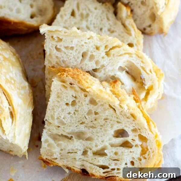 Replace Commercial Yeast with a Sourdough Starter 4 Slices of sourdough croissant bread on a cutting board.