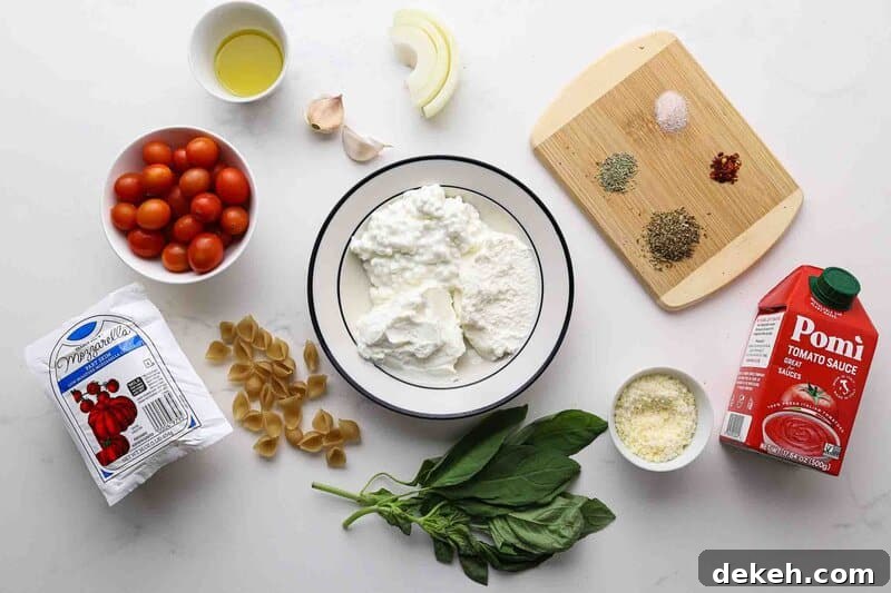 Cheeses, tomatoes, sauce, spices, and herbs laid out on a table.