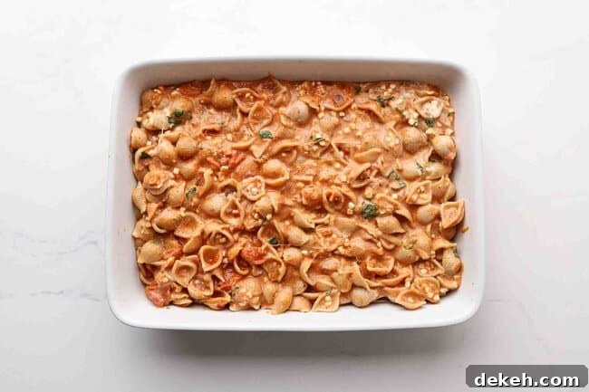 Pasta mixed with cheese and sauce in a baking dish.