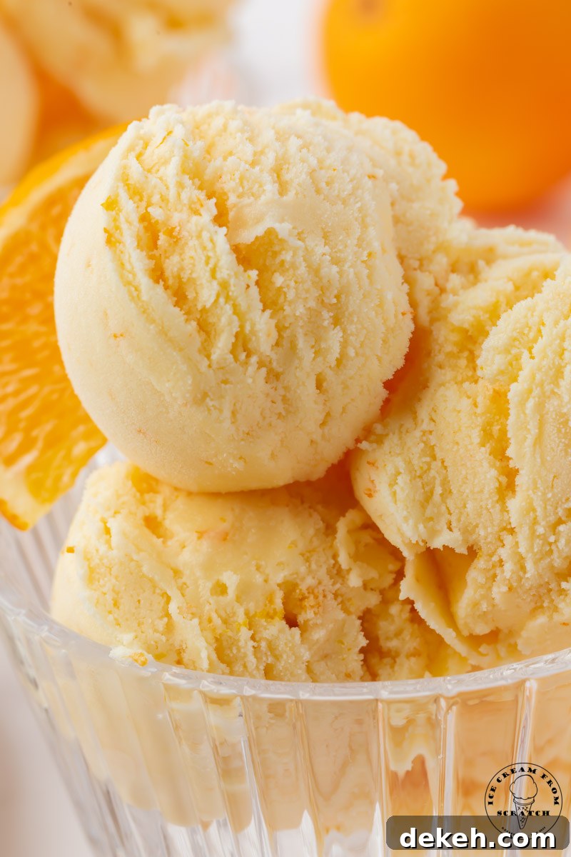 closeup view of a dish of homemade orange ice cream