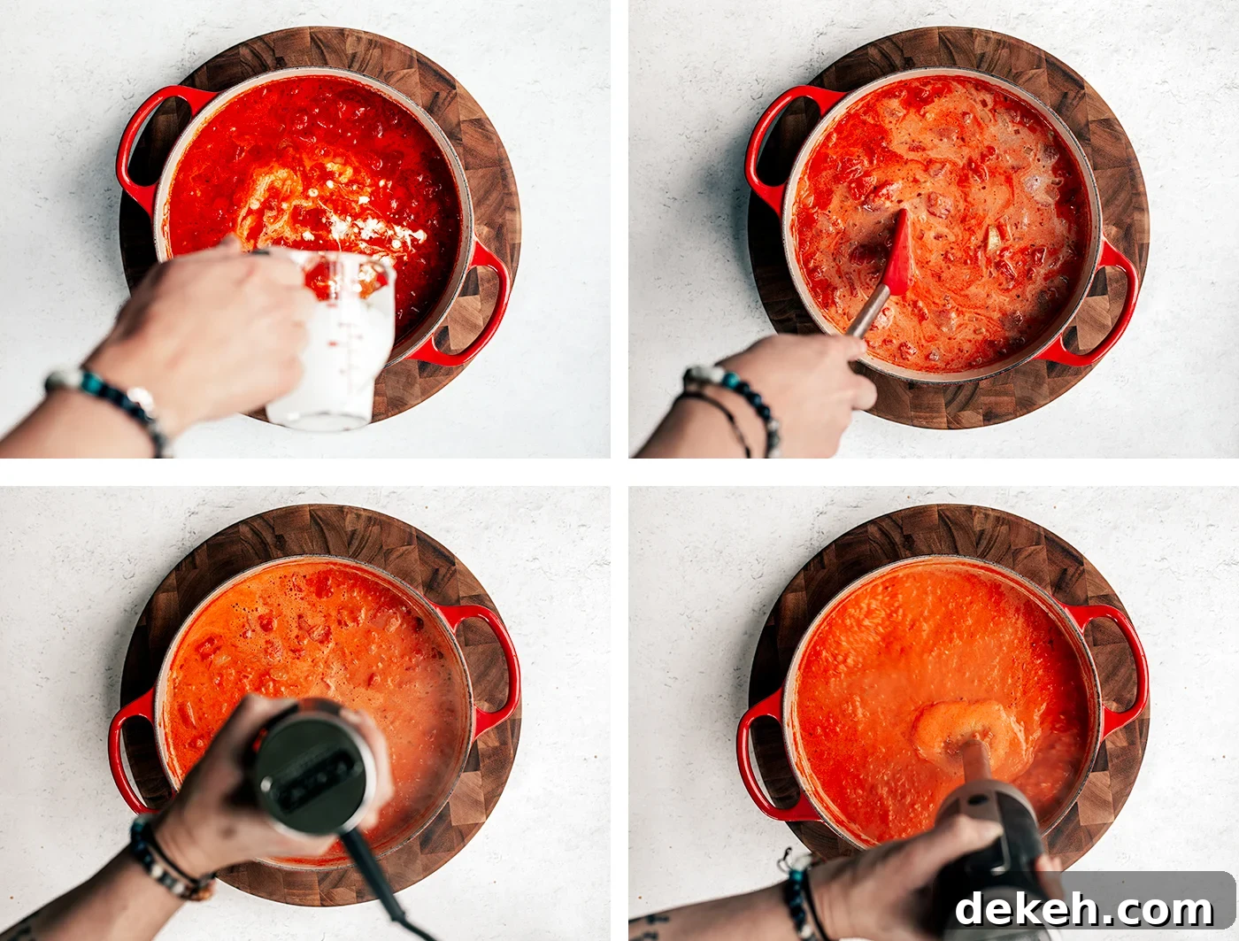 Creamy Homemade Tomato Soup Recipe with Basil and Garlic 5 Process shots of cream being added to pot of soup, then being stirred and blended with an immersion blender until smooth.