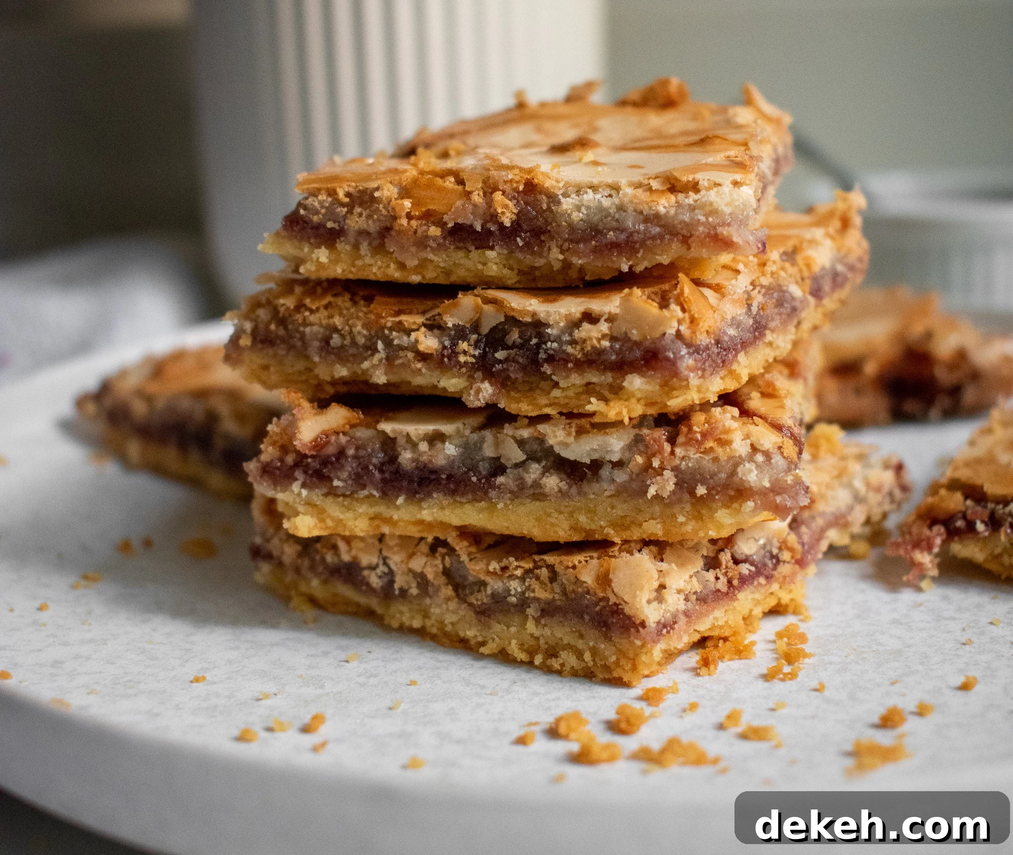Almond and jam slices in a stack.