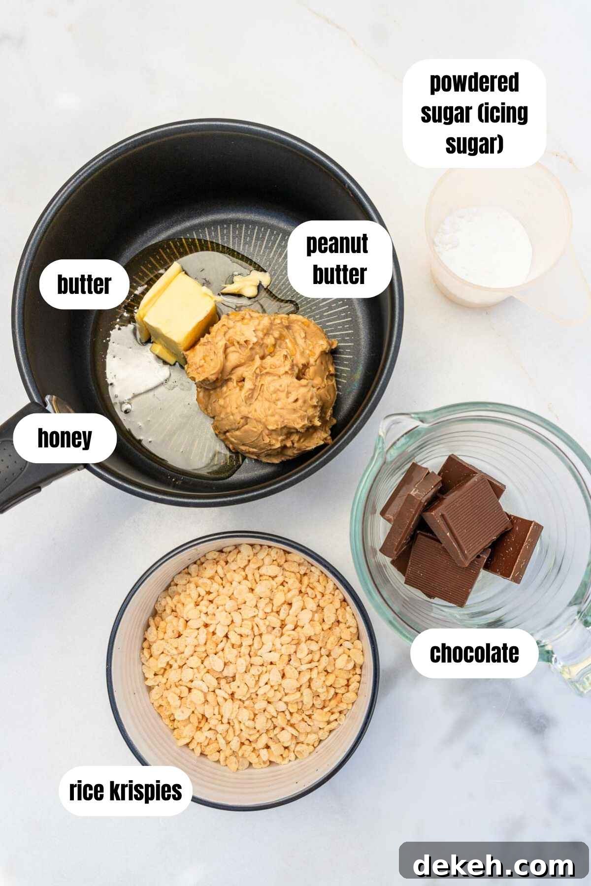 No-Bake Peanut Butter Crunch Bars — 6 Ingredients 3 All of the ingredients needed to make the bars, labelled, including rice krispies, peanut butter, honey, butter, chocolate and powdered sugar.