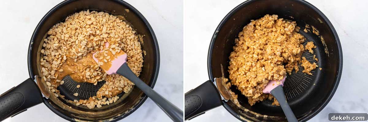 No-Bake Peanut Butter Crunch Bars — 6 Ingredients 4 A collage of 2 images showing a mixture of peanut butter, melted butter and honey in a saucepan with rice krispies and a spatula, and then with the rice krispies mixed in.