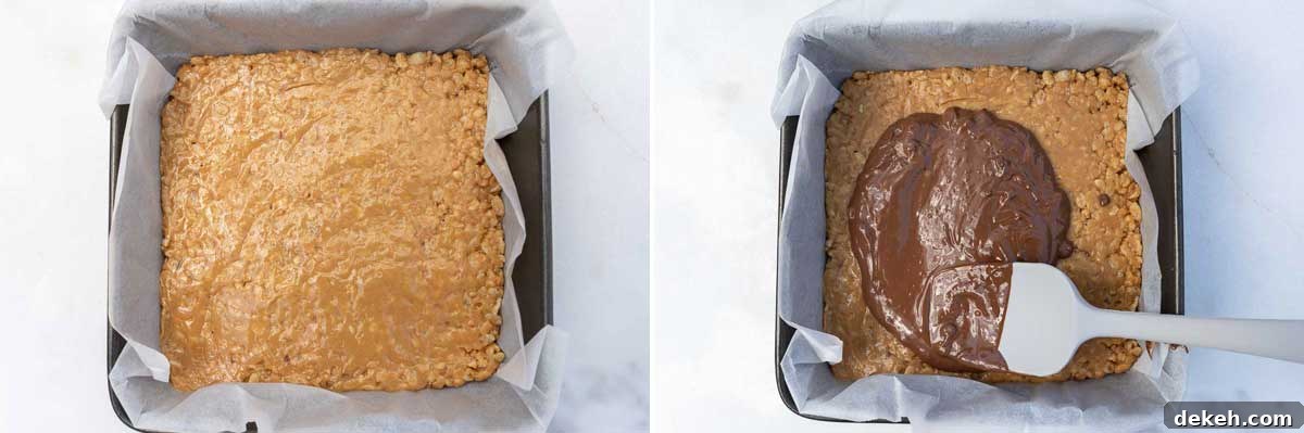 No-Bake Peanut Butter Crunch Bars — 6 Ingredients 5 A collage of 2 images showing peanut butter crunch in a square pan, and then with a spatula spreading chocolate on top.