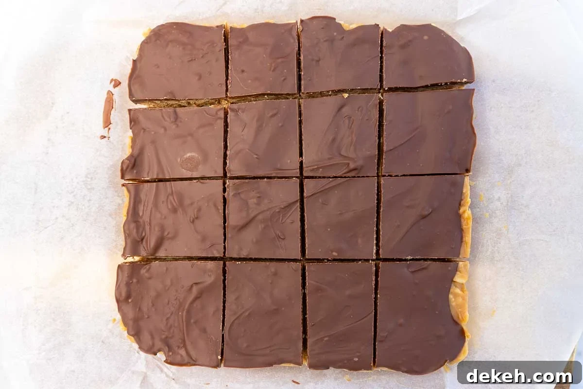 No-Bake Peanut Butter Crunch Bars — 6 Ingredients 6 An overhead view of the bars cut into squares.