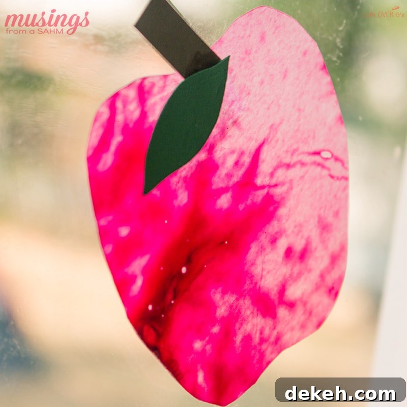 How to Make an Apple Suncatcher with Kids 7 Completed apple suncatchers on a window