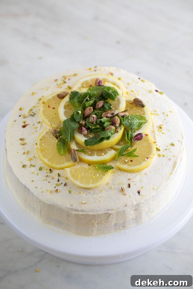 Moist Vegan Lemon Cake Recipe with Zesty Glaze 6 A picture of a vegan lemon cake on a cake stand