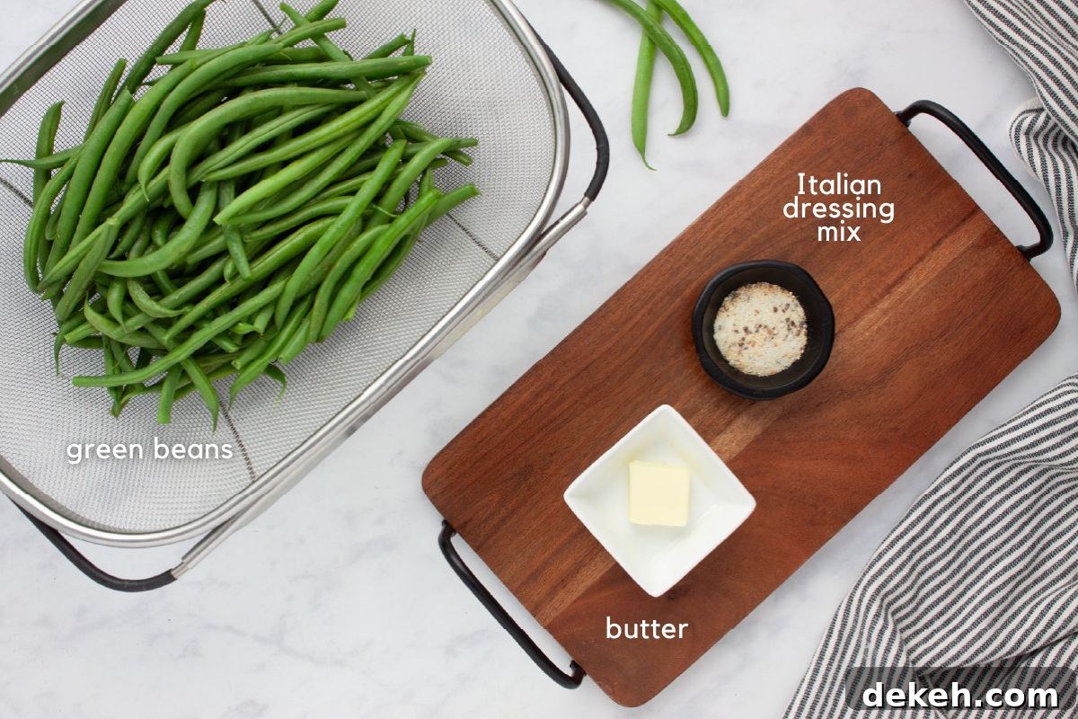 Garlic Parmesan Seasoned Green Beans 2 Ingredients for Seasoned Green beans: Fresh green beans, butter, and Italian dressing mix.
