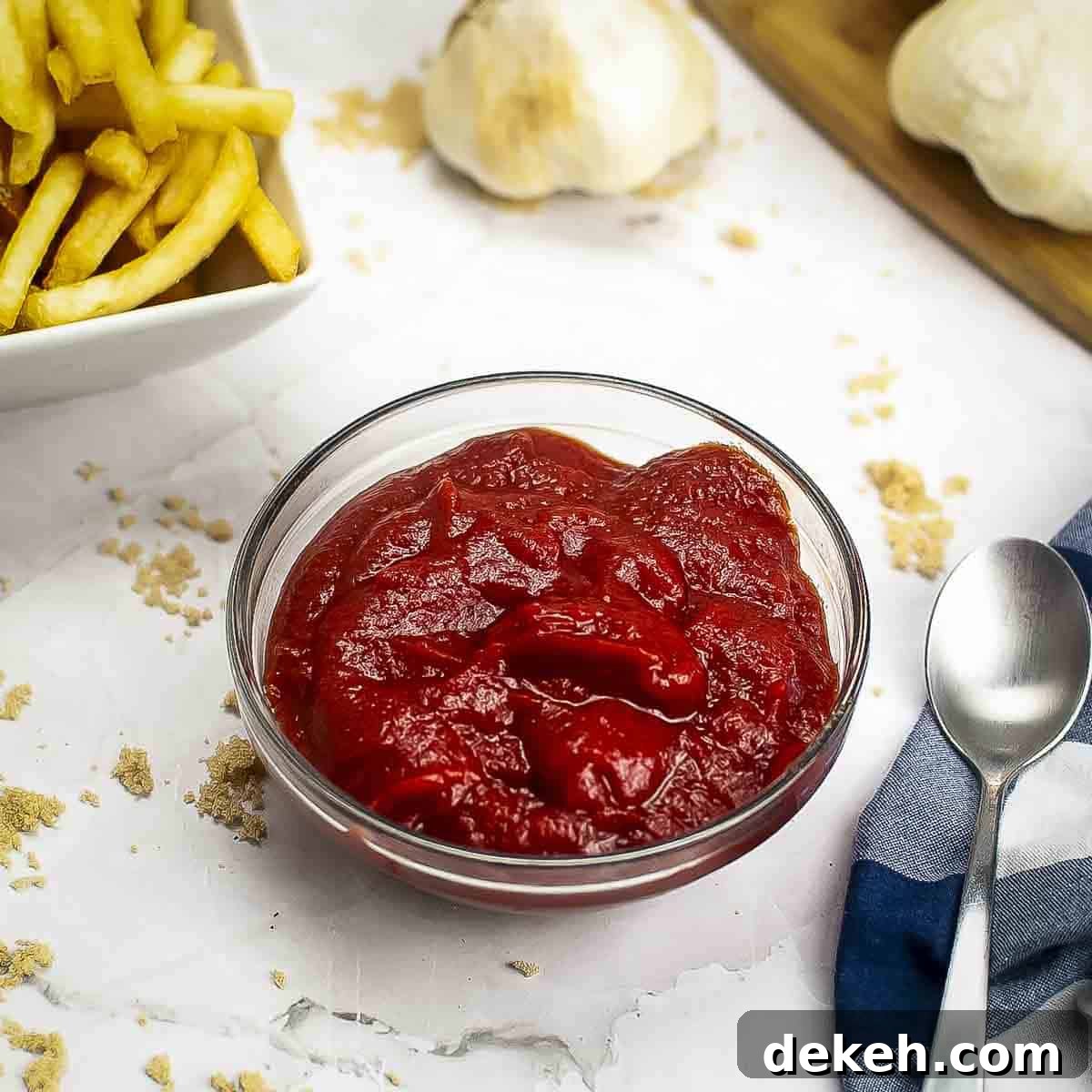 Homemade Tomato Ketchup Recipe from Scratch 7 Angled shot of a small clear bowl with homemade ketchup with a spoon, a white bowl with french fries, and garlic in the background.