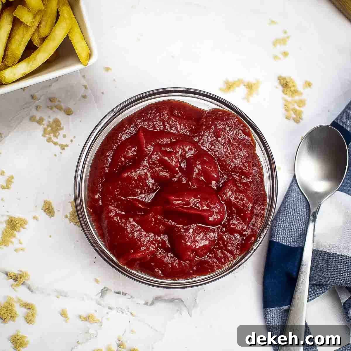 Homemade Tomato Ketchup Recipe from Scratch 8 Angled shot of a small clear bowl with homemade ketchup with a spoon and a white bowl with french fries in the background.