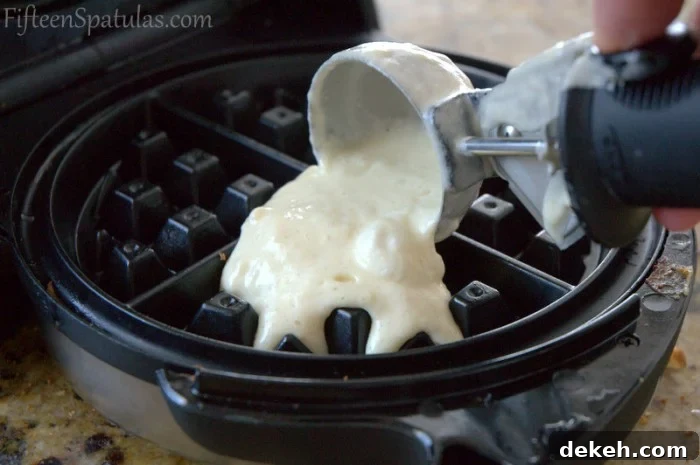 How to make crispy waffles Dishing Waffle Batter into a Hot Iron with Cookie Scoop