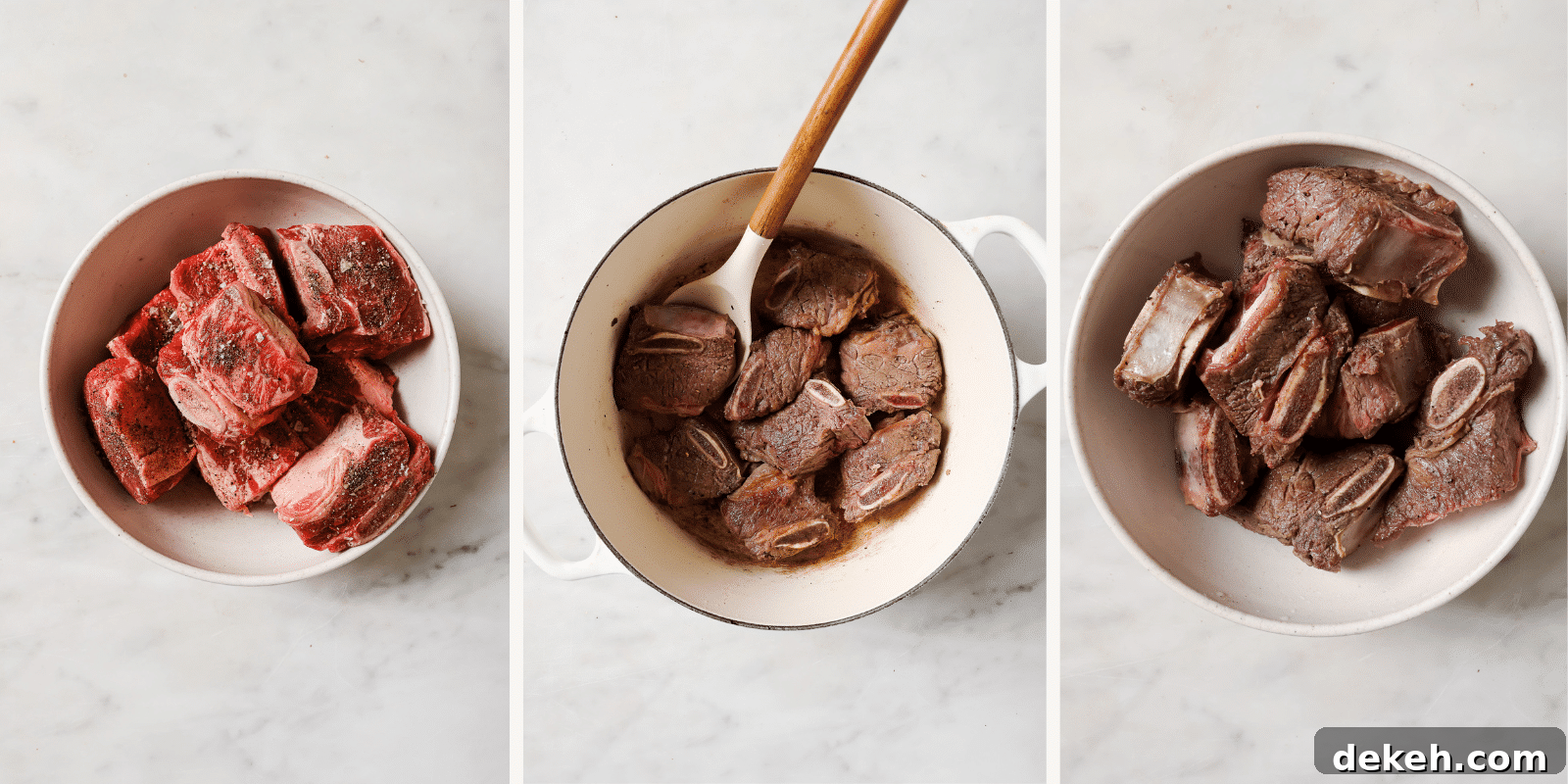 Tender Guinness-Braised Short Ribs 4 Left: seasoned short ribs. Center: Ribs searing in Dutch oven. Left: cooked ribs in a bowl.