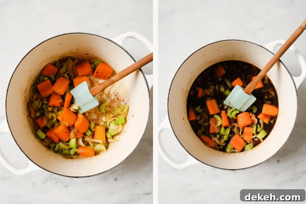 Tender Guinness-Braised Short Ribs 5 Left: vegetables sautéing in a pot. Right: Guinness beer added to the pot.