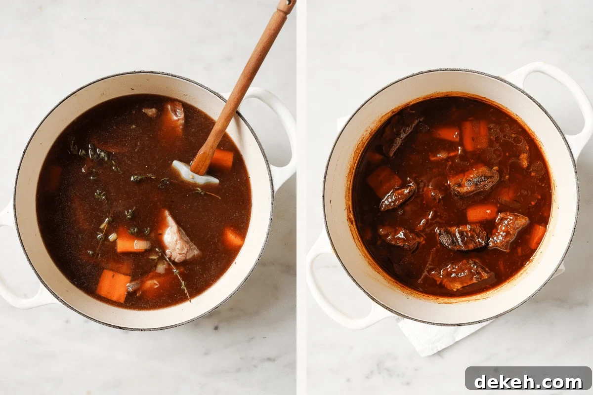 Tender Guinness-Braised Short Ribs 6 Left: all ingredients mixed together. Right: short ribs once they've braised.