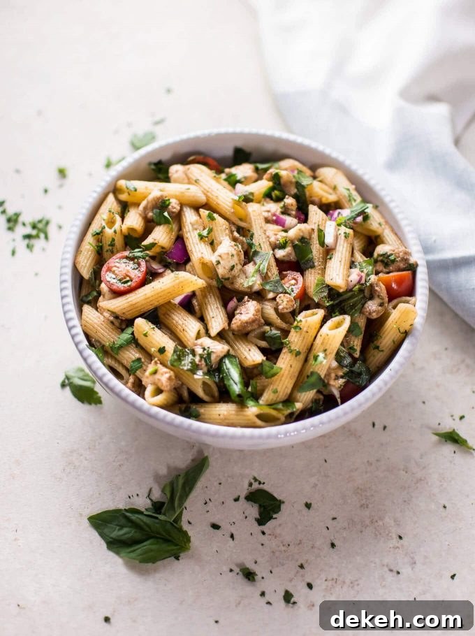 Balsamic Caprese Pasta Salad with Mozzarella and Tomatoes 5 bowl of easy Caprese pasta salad in a bowl with penne