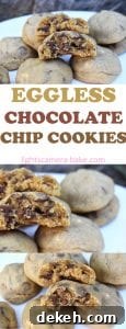 Egg-Free Chocolate Chip Cookie Recipe for Soft, Chewy Results 10 Eggless Chocolate Chip Cookies are thick and chewy chocolate chip cookies made without eggs so if you are allergic to eggs or don't have any on hand this is for you! #egglesscookies #eggfreecookies #egglesschocolatechipcookies #chewychocolatechipcookies