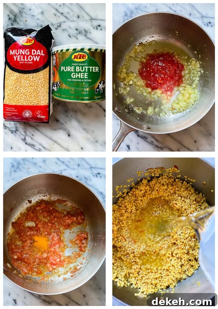 Restaurant-Style Moong Dal Tadka Recipe 4 Process shots showing the first stages of making the dal