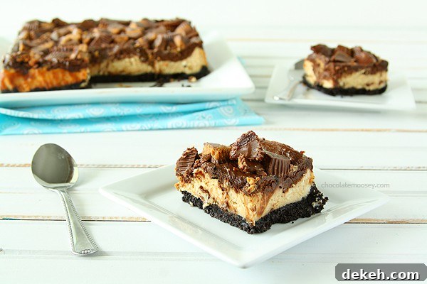 Chocolate Peanut Butter Cup Cheesecake Squares | www.chocolatemoosey.com