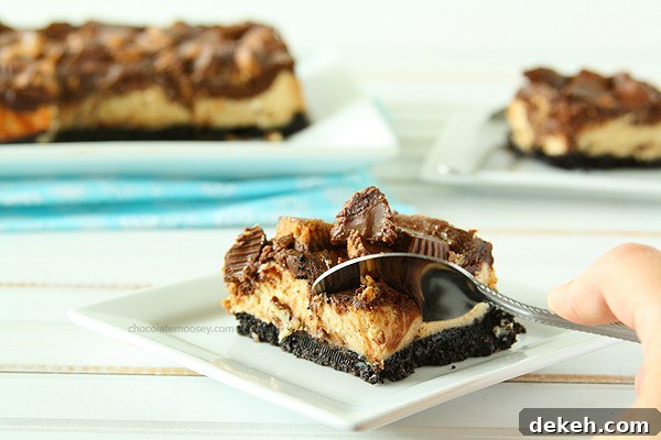 Chocolate Peanut Butter Cup Cheesecake Squares | www.chocolatemoosey.com