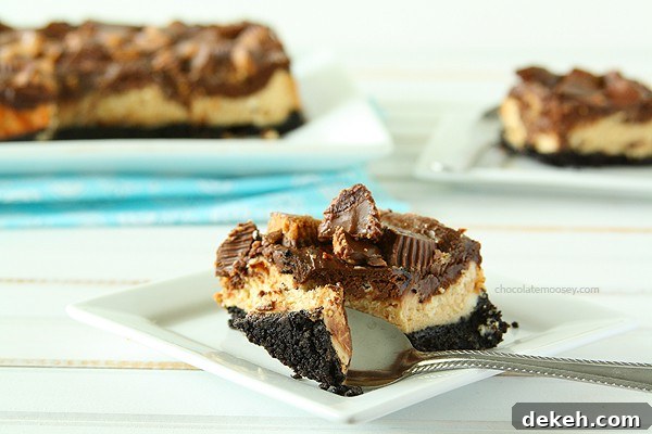 Chocolate Peanut Butter Cup Cheesecake Squares | www.chocolatemoosey.com