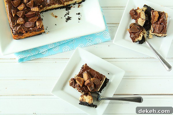 Chocolate Peanut Butter Cup Cheesecake Squares | www.chocolatemoosey.com