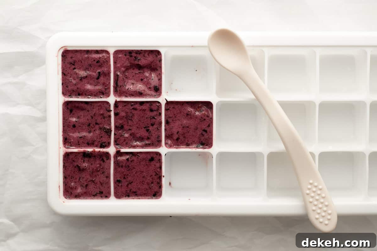 blueberry puree in a silicone ice cube tray with a baby spoon