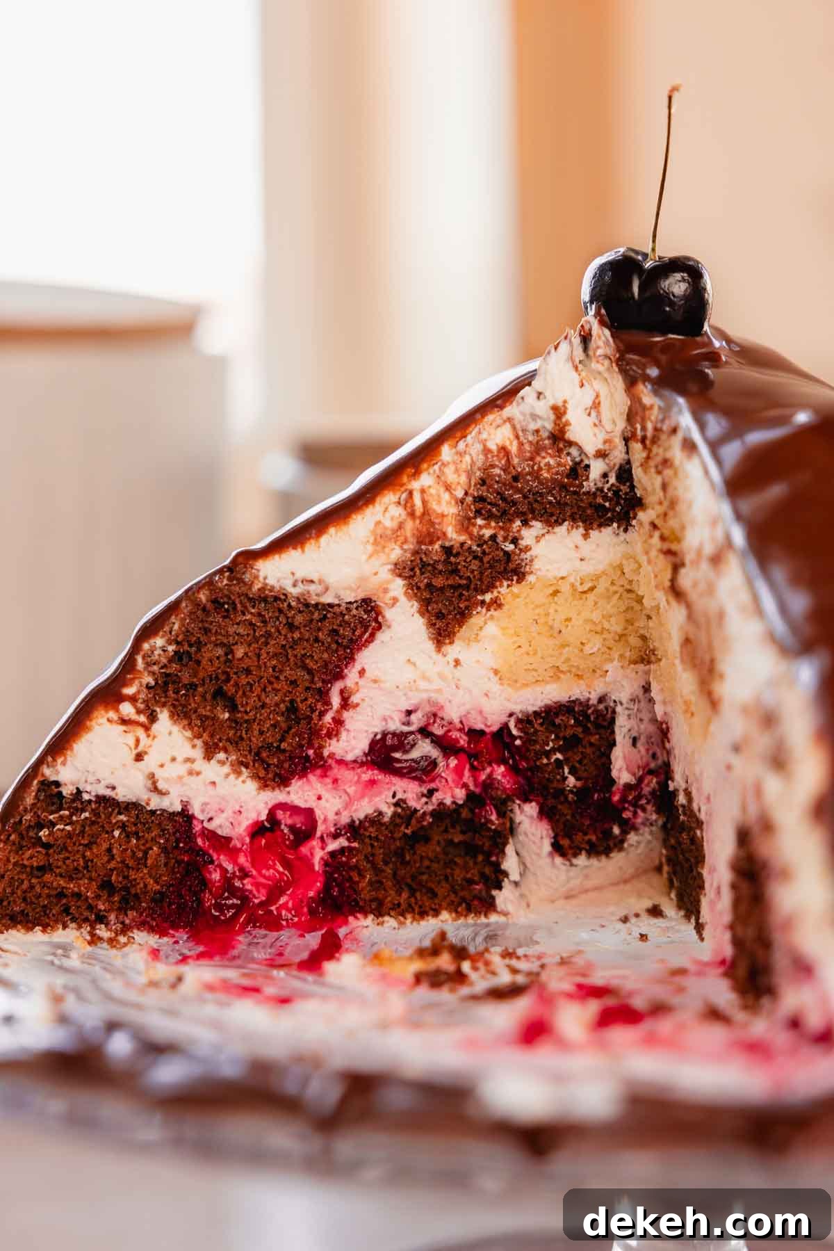 Chocolate Lava Cake with Cherry Filling 4 cross section of chocolate cherry volcano cake
