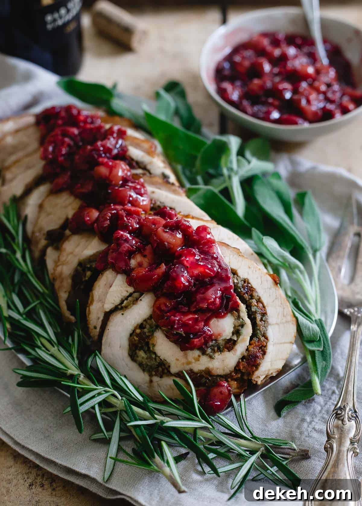 This turkey roulade is stuffed with tart cherries, chestnuts and herbs. It's topped with a red wine soaked cherry sauce and makes for a beautiful (and easy!) holiday dish. This turkey roulade is stuffed with tart cherries, chestnuts and herbs. It's topped with a red wine soaked cherry sauce and makes for a beautiful (and easy!) holiday dish.