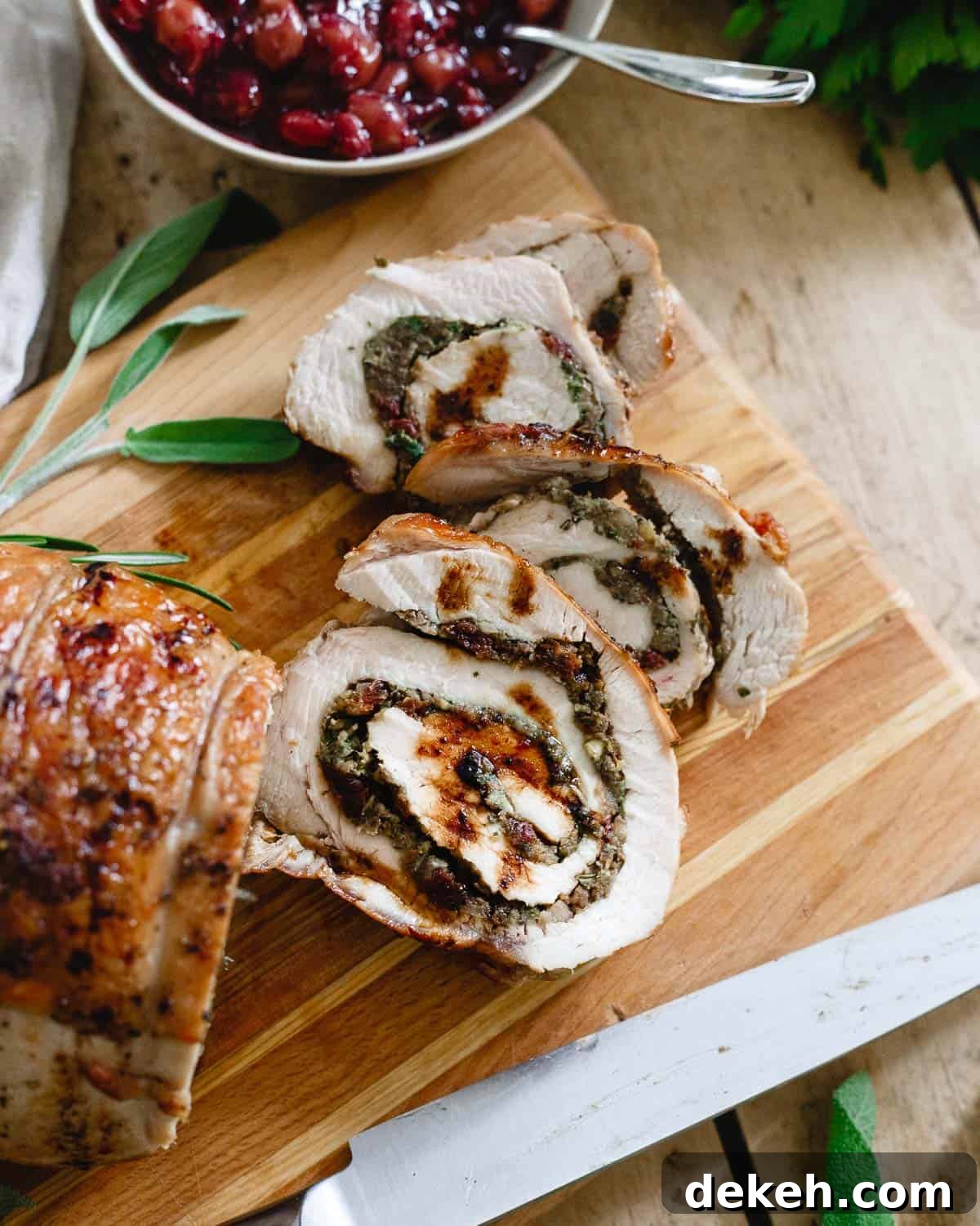 Stuffed with tart cherries, chestnuts and herbs, this turkey roulade is even tastier than a traditional turkey. Stuffed with tart cherries, chestnuts and herbs, this turkey roulade is even tastier than a traditional turkey.