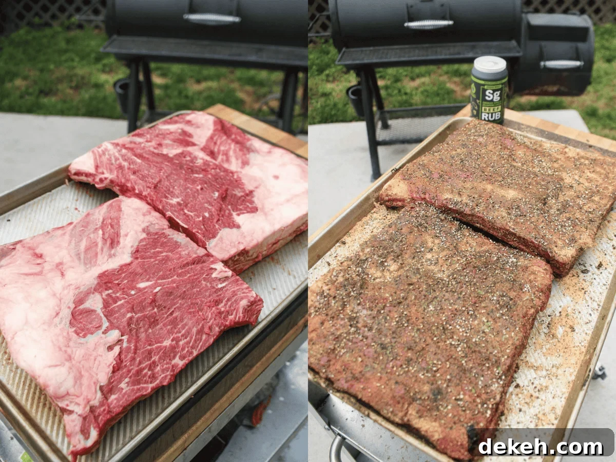 Smoked Beef Ribs with Garlic and Jalapeño 6 The raw, trimmed beef ribs and then what they look like once seasoned.