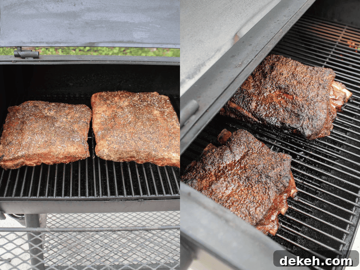 Smoked Beef Ribs with Garlic and Jalapeño 7 The beef ribs sitting on the smoker as they cook before being wrapped.