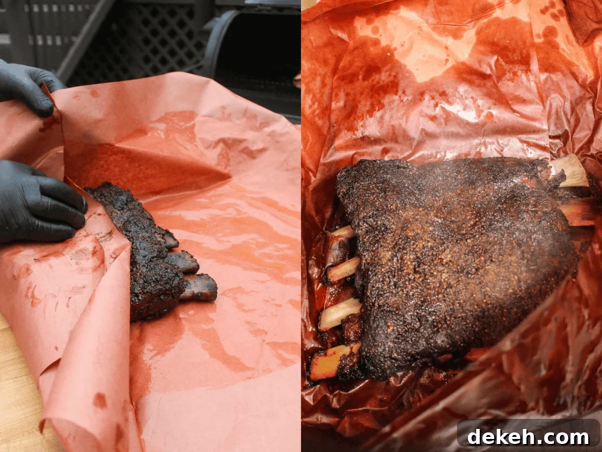 Smoked Beef Ribs with Garlic and Jalapeño 8 The beef ribs being wrapped in butcher paper so that they can be put back on the smoker to finish cooking.