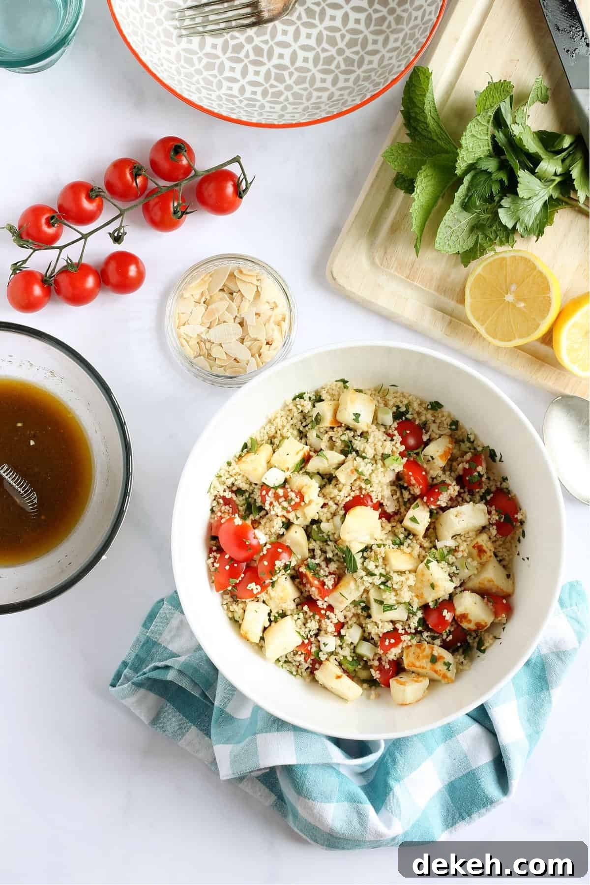 Herbed Couscous and Halloumi Salad with Lemon Dressing 2 Overhead shot of halloumi couscous