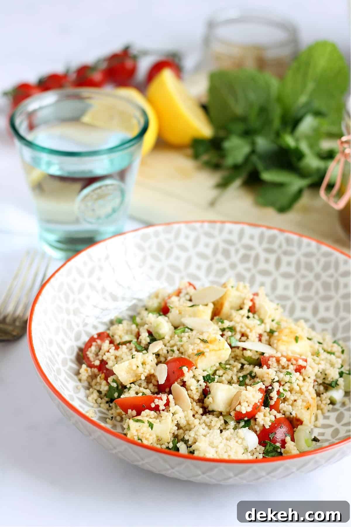 Herbed Couscous and Halloumi Salad with Lemon Dressing 3 Close-up of halloumi couscous salad