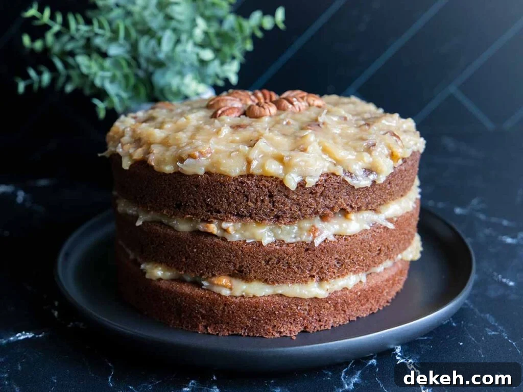 Original Baker's German Chocolate Cake Recipe 2 Baker's German Chocolate Cake on a black plate