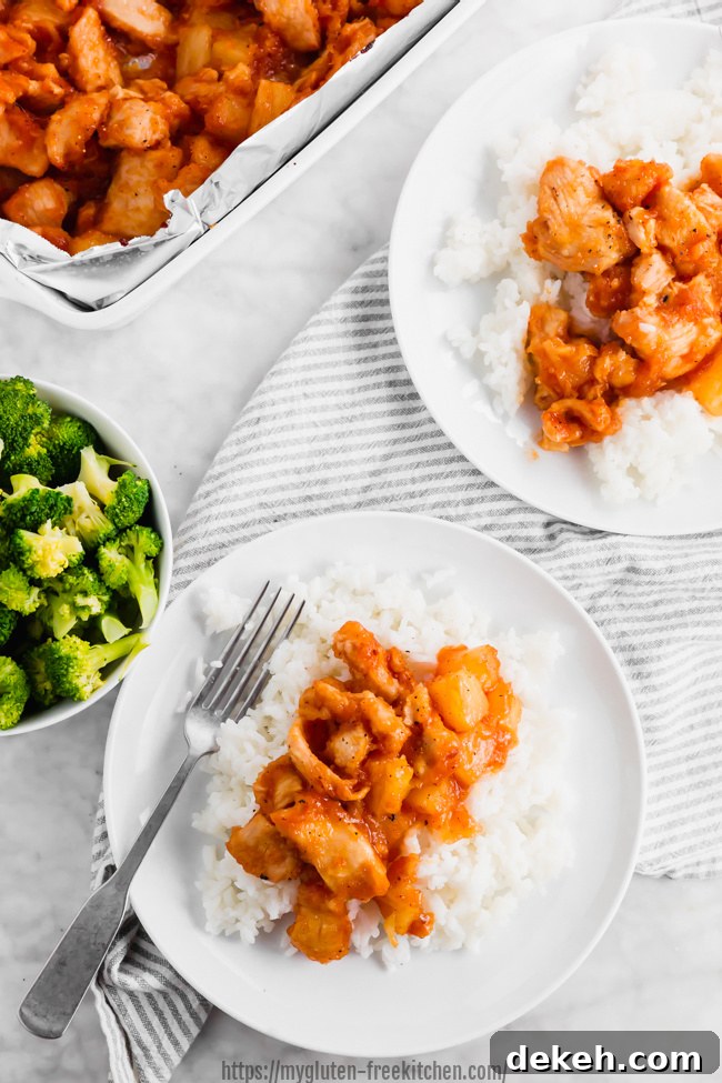 Crispy Gluten-Free Sweet and Sour Chicken Recipe 6 Serving gluten-free sweet and sour chicken on plates with rice