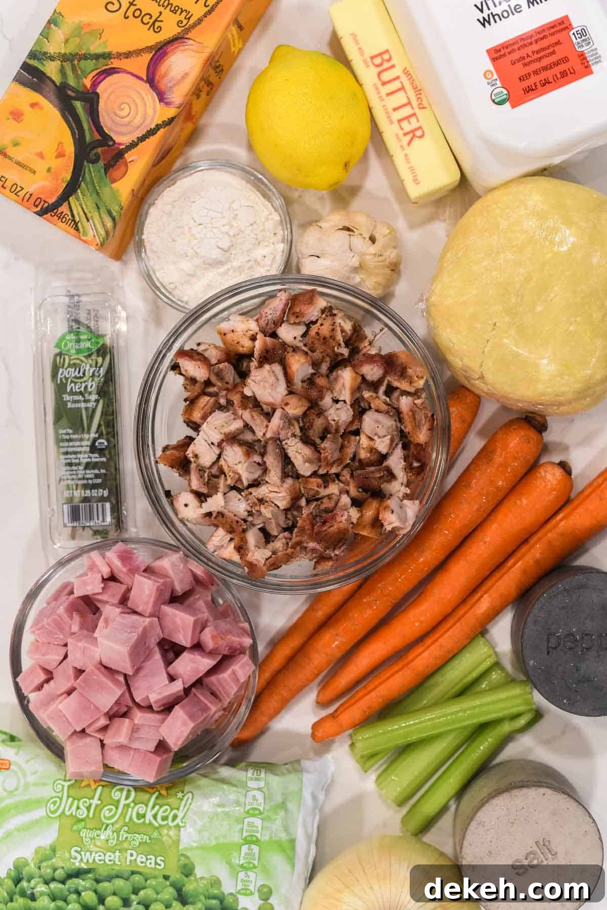 Classic Chicken and Ham Pie with Golden Puff Pastry 3 overhead shot of ingredients for chicken and ham pie