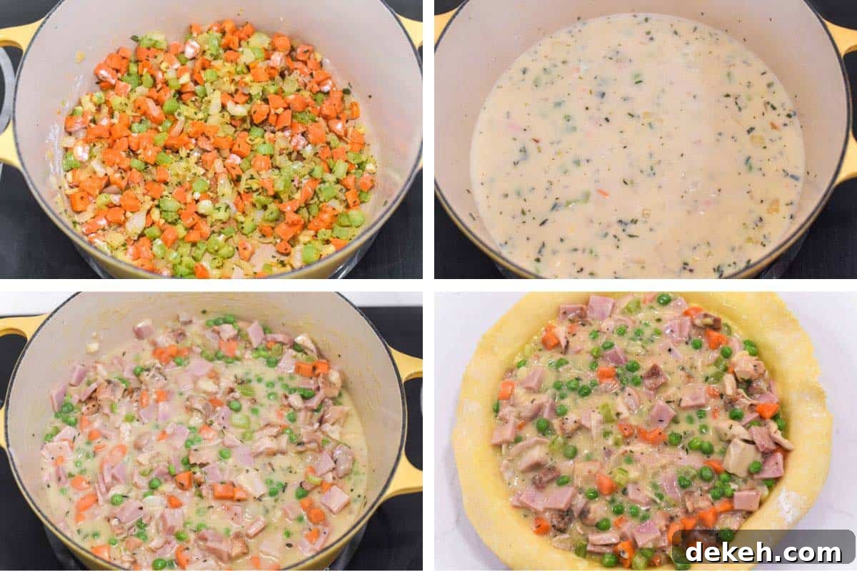 Classic Chicken and Ham Pie with Golden Puff Pastry 5 process shots of making filling for chicken and ham pie and adding to pie plate