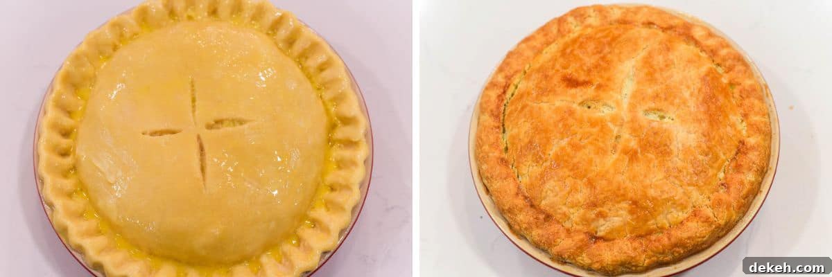 Classic Chicken and Ham Pie with Golden Puff Pastry 6 process shots of adding pie crust on top and baking