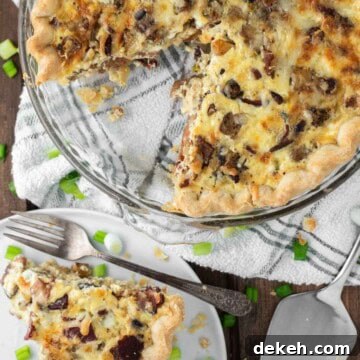 Slice of bacon potato quiche on plate with the rest in pie plate.