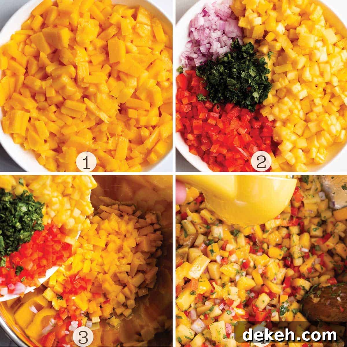Zesty Mango and Pineapple Salsa with Lime and Cilantro 4 Four images with instructions on how to make a mango salsa. A bowl of diced mangoes and then other produce and fresh lime juice being added in.